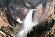 View of waterfall from North Rim Drive at Grand Canyon of Yellowstone