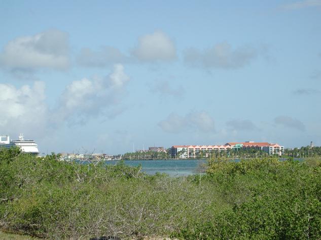 DSCN6735.JPG - on private beach island, looking back toward resort, and harbor